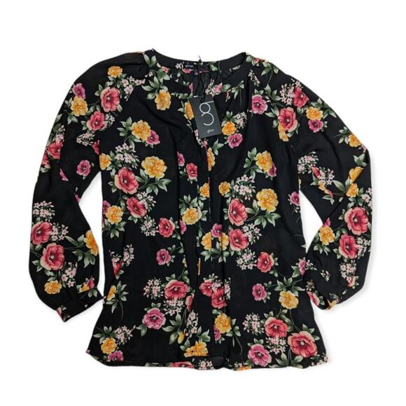 Gibson Floral Black Blouse Fleur Bloom Blouson Sleeve Button Top Casual New XS - Picture 2 of 3